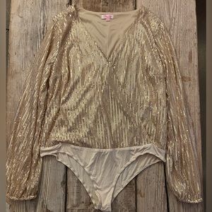 Pink Lily Dazzling Nights Sequin Gold Bodysuit. Size Large